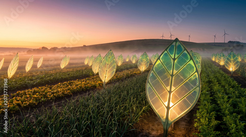 Solar leaf panels in a sustainable farm at sunrise.