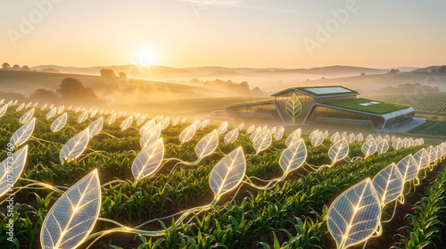 Solar leaf panels in a sustainable farm at sunrise.