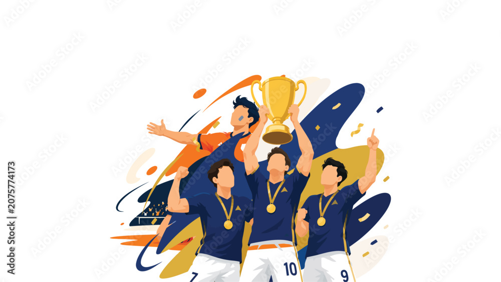 Obraz premium Illustration of soccer team celebrating together with trophy and medals.
