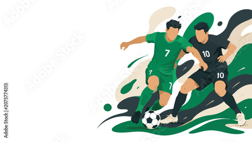 Tableau sur toile Dynamic illustration of soccer players contesting for the ball.