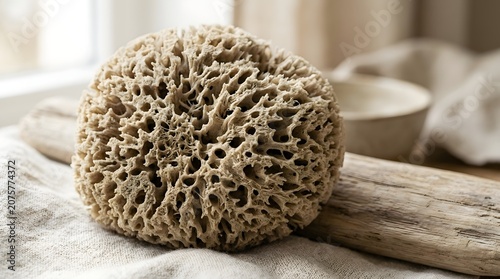Natural Sea Sponge Macro Photography on Driftwood for Bathroom Decor