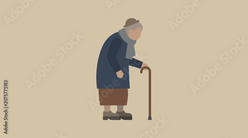 Fotografía Elderly Woman with Hunched Back Holding a Walking Cane - Flat Vector Illustratio