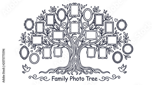 Photos Family photo tree outline with vintage frames and doves decorative line art vector art