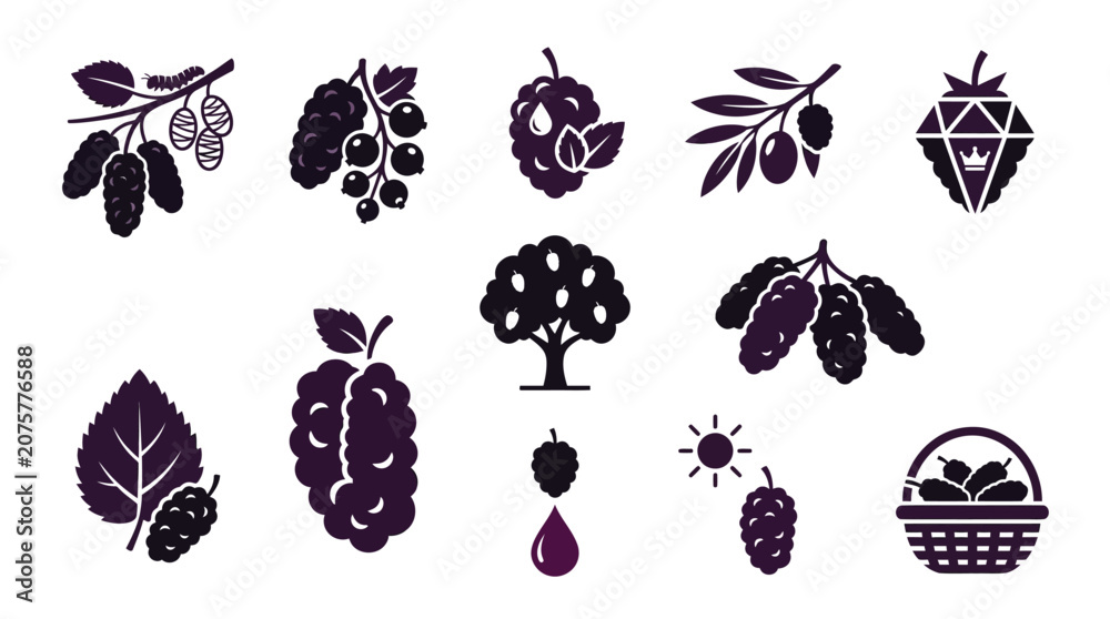 Fototapeta premium Collection of stylized icons representing various fruits and berries, including mulberries, currants, olives, and dates, presented in a dark purple silhouette style.