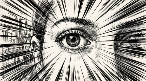 Manga Style Close Up of Human Eye with Dramatic Speed Lines, Hand Drawn Sketch Illustration of Shock and Intense Focus