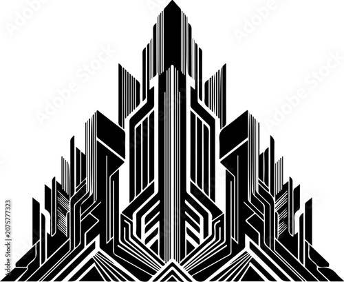 Geometric cityscape, abstract skyscraper, black and white vector, modern architecture