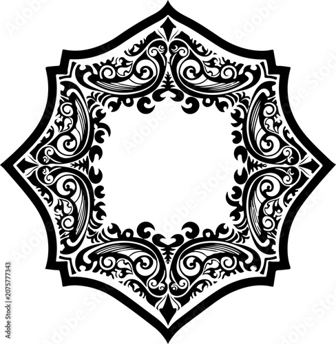 Black and white ornate frame, decorative border, floral pattern, vector illustration
