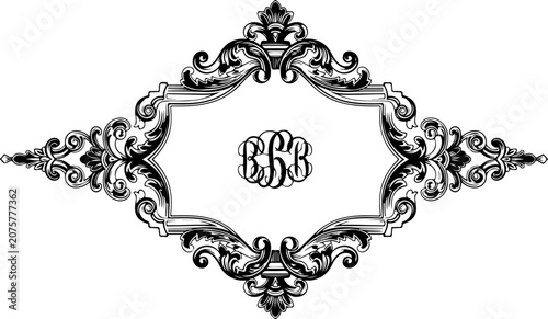 Ornate monogram frame, elegant black and white border, decorative floral design, vector illustration
