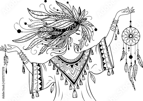 Boho Chic Woman, Dreamcatcher, Feather Headdress, Tribal Vector Illustration
