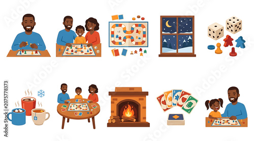 Family playing board games at home during winter evening, set of illustrations