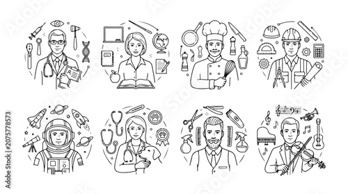 Obraz na plátne Professional occupation line icons set, diverse career characters and job tools,