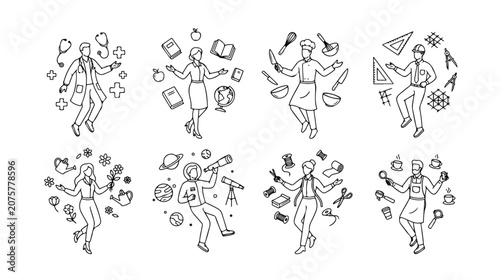 Professional career characters line art set, 8 diverse worker icons in doodle style, business people juggling job tools and equipment vector
