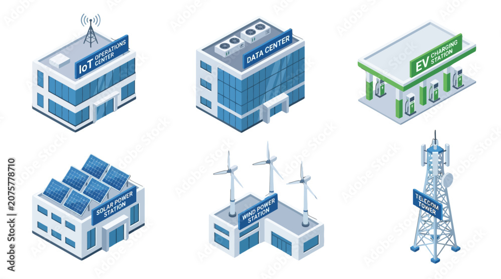 Fototapeta premium Futuristic smart technology infrastructure with renewable energy sources including wind turbines charging stations and IoT data