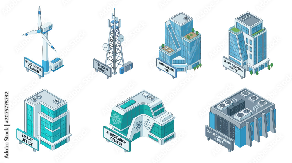 Fototapeta premium Collection of modern technological buildings and communication towers with eco-friendly design elements emphasizes innovative