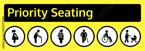 Vector priority seating sign in yellow with six circular pictograms of pregnant woman, elderly with cane, mother with baby, disabled with crutch, wheelchair user, and woman with stroller.