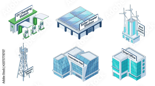 Illustration of renewable energy infrastructure including EV charging stations solar power plants wind turbines smart offices