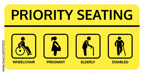 Vector priority seating sign in yellow and black with four labeled pictograms showing wheelchair user, pregnant woman, elderly person with cane, and disabled person with crutch.