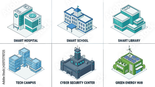 Innovative smart infrastructure concepts depicting modern institutional and sustainability-focused facilities in an isometric