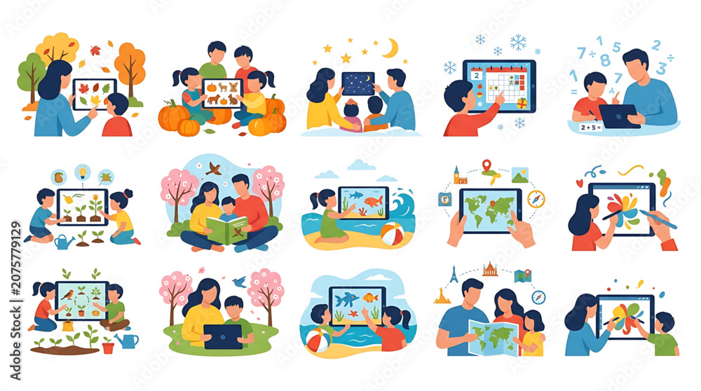 Naklejka premium Set of illustrations depicting children and parents using tablets for educational activities and learning