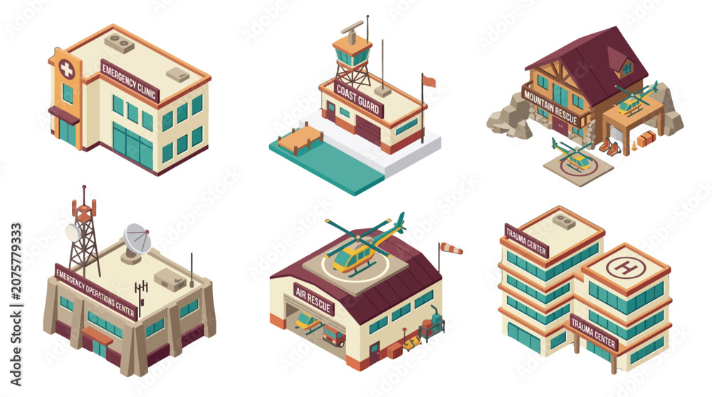 Fototapeta premium Development of diverse municipal facilities including hospitals, fire stations, and transportation hubs in a detailed isometric