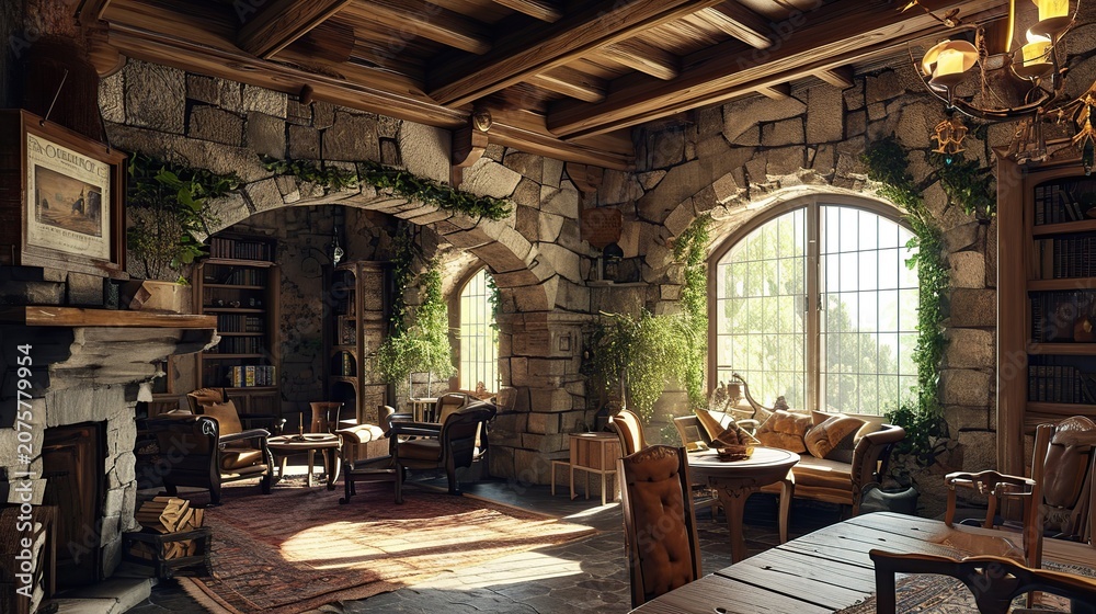 Fototapeta premium Cozy Rustic Stone-Walled Living Room Featuring A Large Arched Window And Fireplace