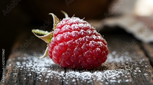 A Fresh Ripe Red Raspberry Dusted With Powdered Sugar on a Rustic Wood Surface