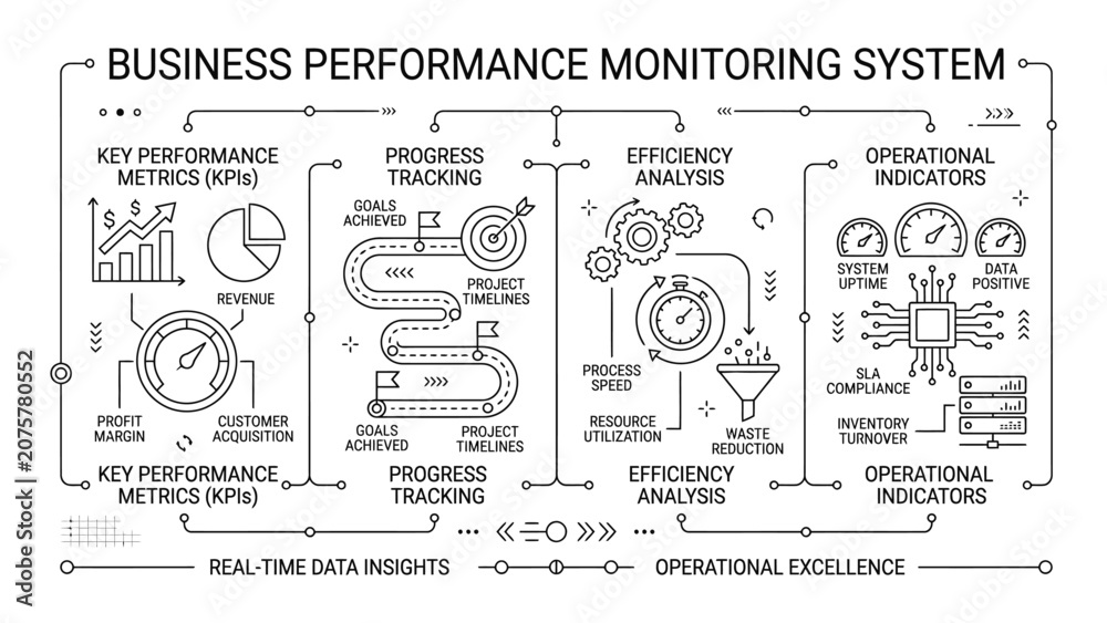 Naklejka premium Business performance monitoring system infographic sketch with key performance metrics and operational indicators.