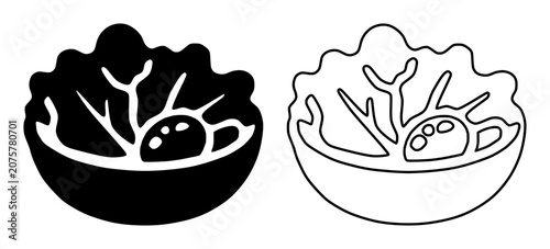 Two-variant icon of a salad bowl with leafy greens and a tomato, shown as a solid black filled glyph on the left and a line outline version on the right.