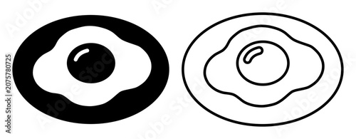 Two-variant icon of a sunny side up fried egg served on an oval plate, shown as a solid black filled glyph on the left and a line outline version on the right.