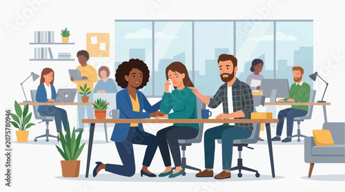 Colleagues offer comfort and support to a distressed coworker in a modern office setting