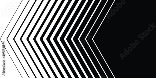 Minimal Black and White Background with Arrow Pointing Right. Striped Transition from Black to White Abstract Strict Lines. Simple Pattern. Vector Illustration.