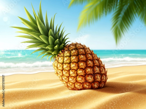 Fresh pineapple resting on beach sand with summer vibes suitable for tropical wallpapers and backgrounds