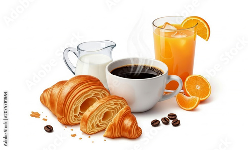 Complete breakfast set with coffee croissant milk and orange juice isolated on white background