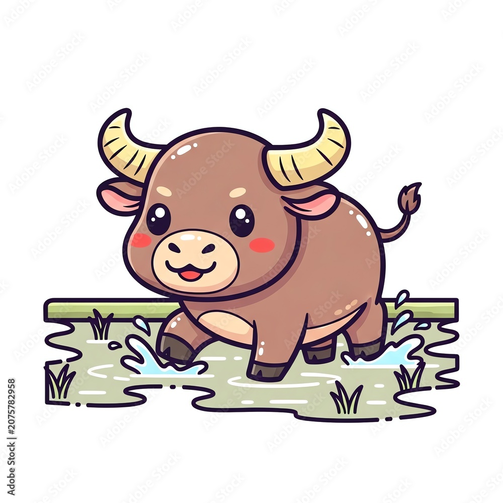 Fototapeta premium Cute Water Buffalo Cartoon Character Walking in Mud.