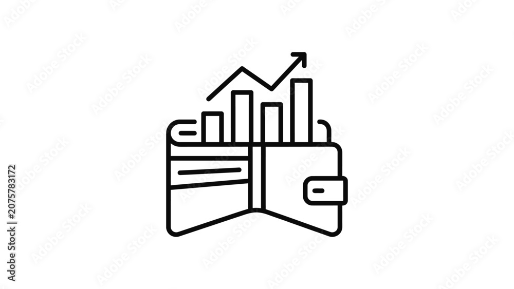 Fototapeta premium Minimalist outline icon of a wallet with a rising bar chart for financial growth.