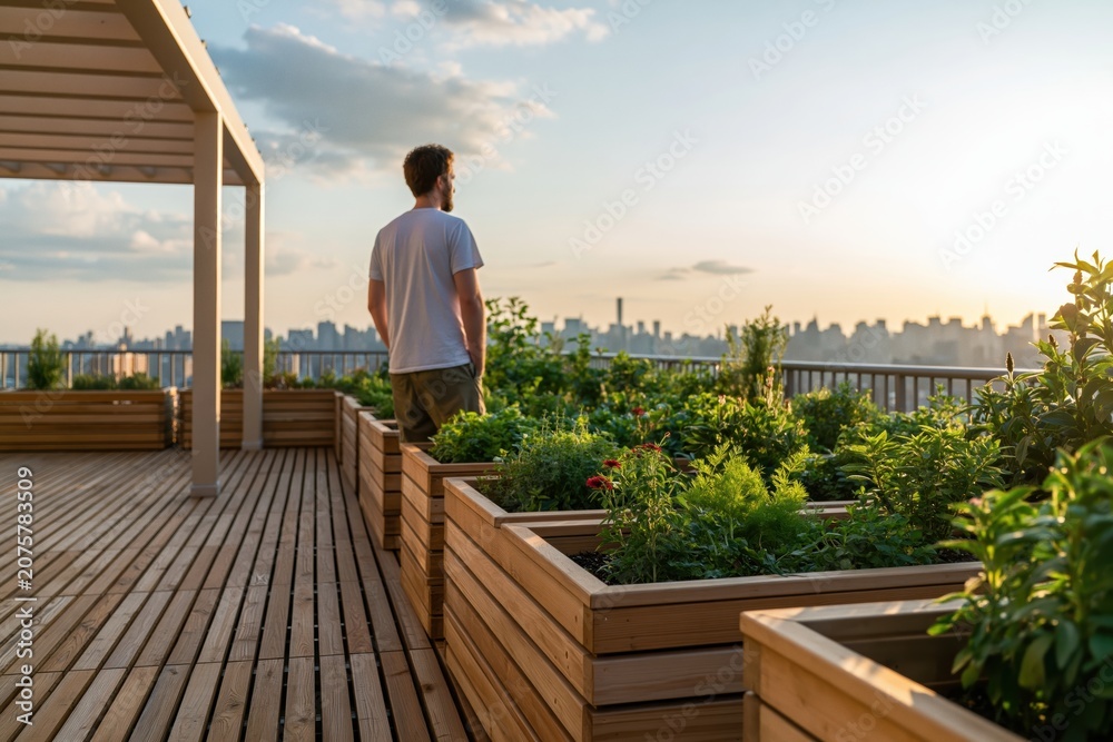 Fototapeta premium Man enjoying sunset view on wooden rooftop deck with urban garden and city skyline