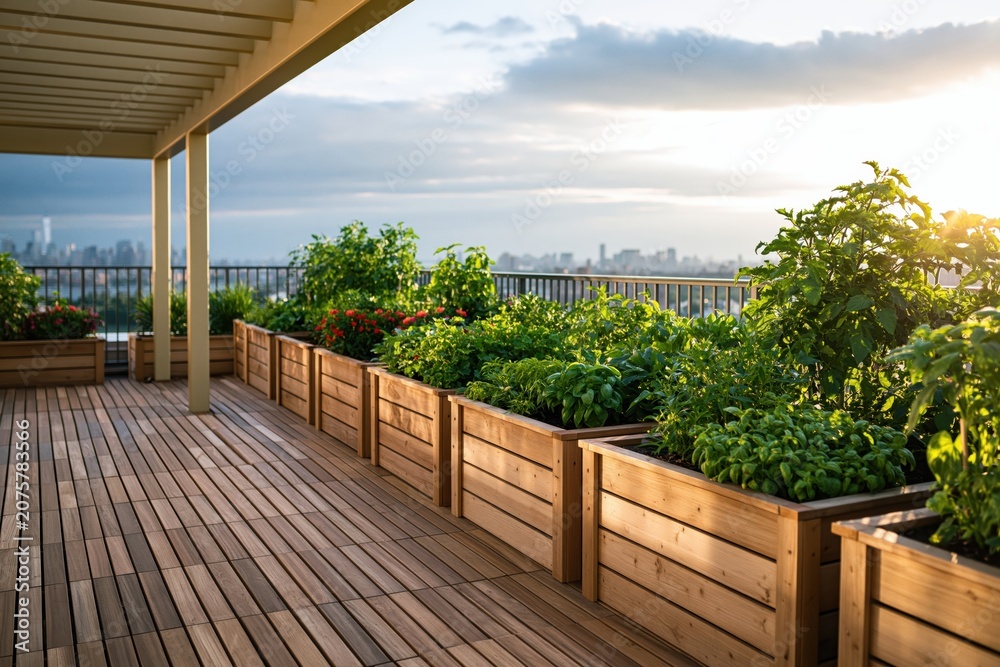 Fototapeta premium Rooftop terrace garden with wooden planters and lush plants overlooking city skyline