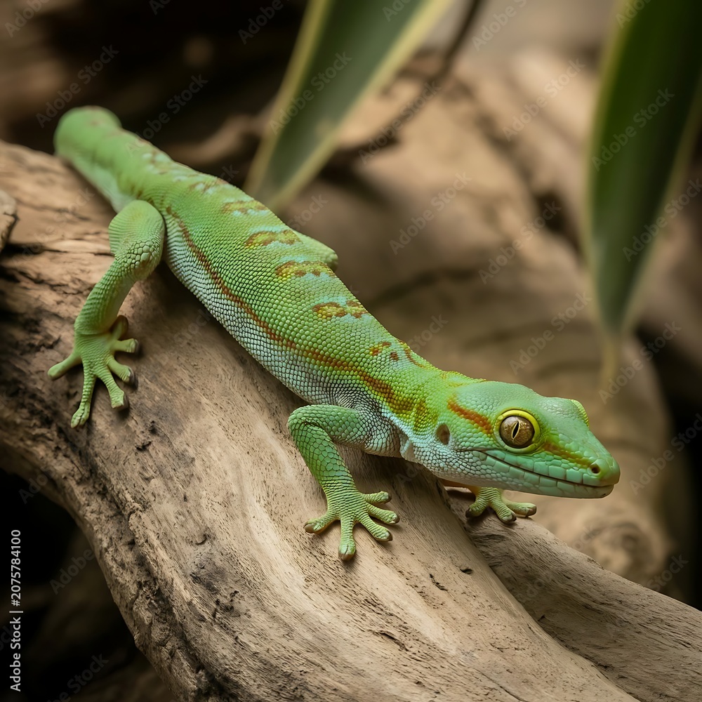 Fototapeta premium Vibrant green day gecko resting on a textured weathered tree branch