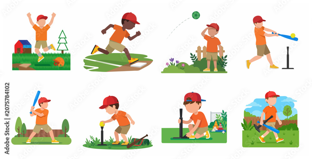 Fototapeta premium Set of little boys playing baseball and t-ball in various poses, from hitting the ball to running the bases, cartoon vector illustration