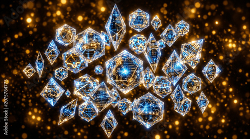 Elegant luxury abstract background featuring blue crystal geometric ornaments with golden glowing details. Ideal for premium design, festive decoration, wallpaper, and luxury branding.