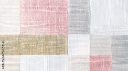 Traditional Korean bojagi style patchwork fabric texture with pastel pink white gray colors and geometric linen squares for elegant background.