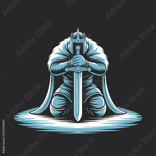 Knight in armor with sword kneeling.