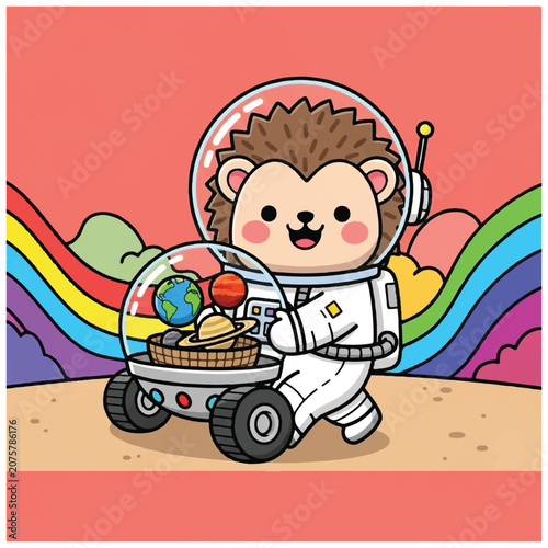 Hedgehog in astronaut suit walking.