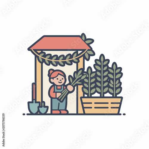 Person holding plant in garden shed.