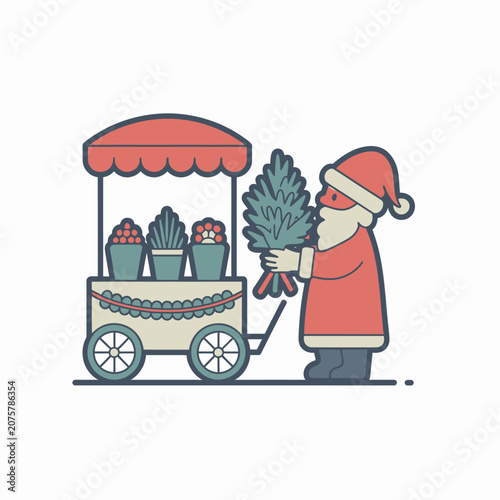 Santa Claus holding Christmas tree.