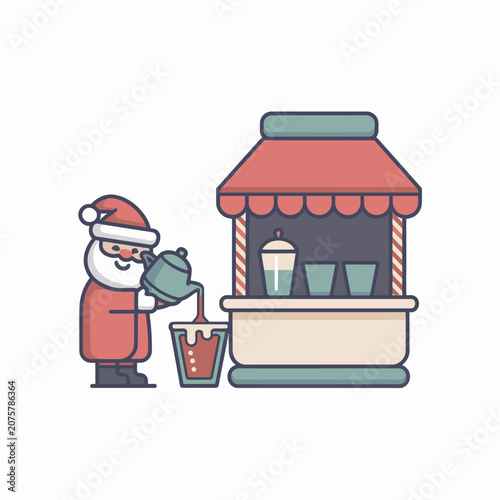 Santa Claus pouring a drink at a festive Christmas market stall.
