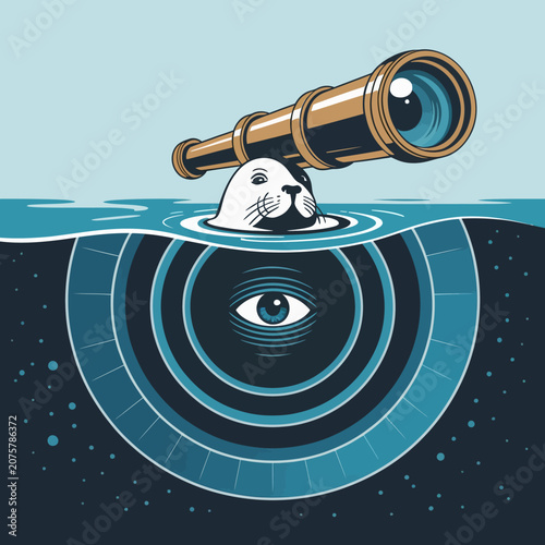 Seal Looking Through Telescope Underwater.