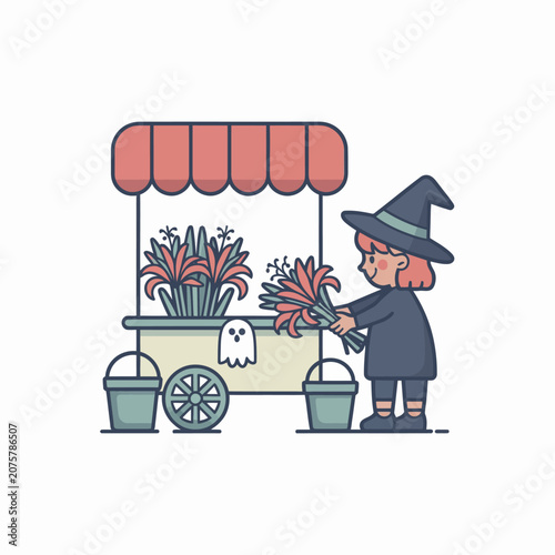Witch selling flowers on cart.