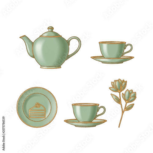Vintage green tea set with cups.