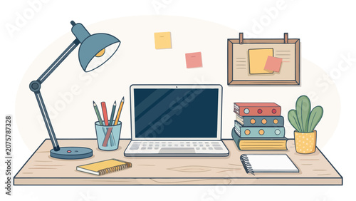 A cluttered desk with a laptop, books, and office supplies on a wooden table top